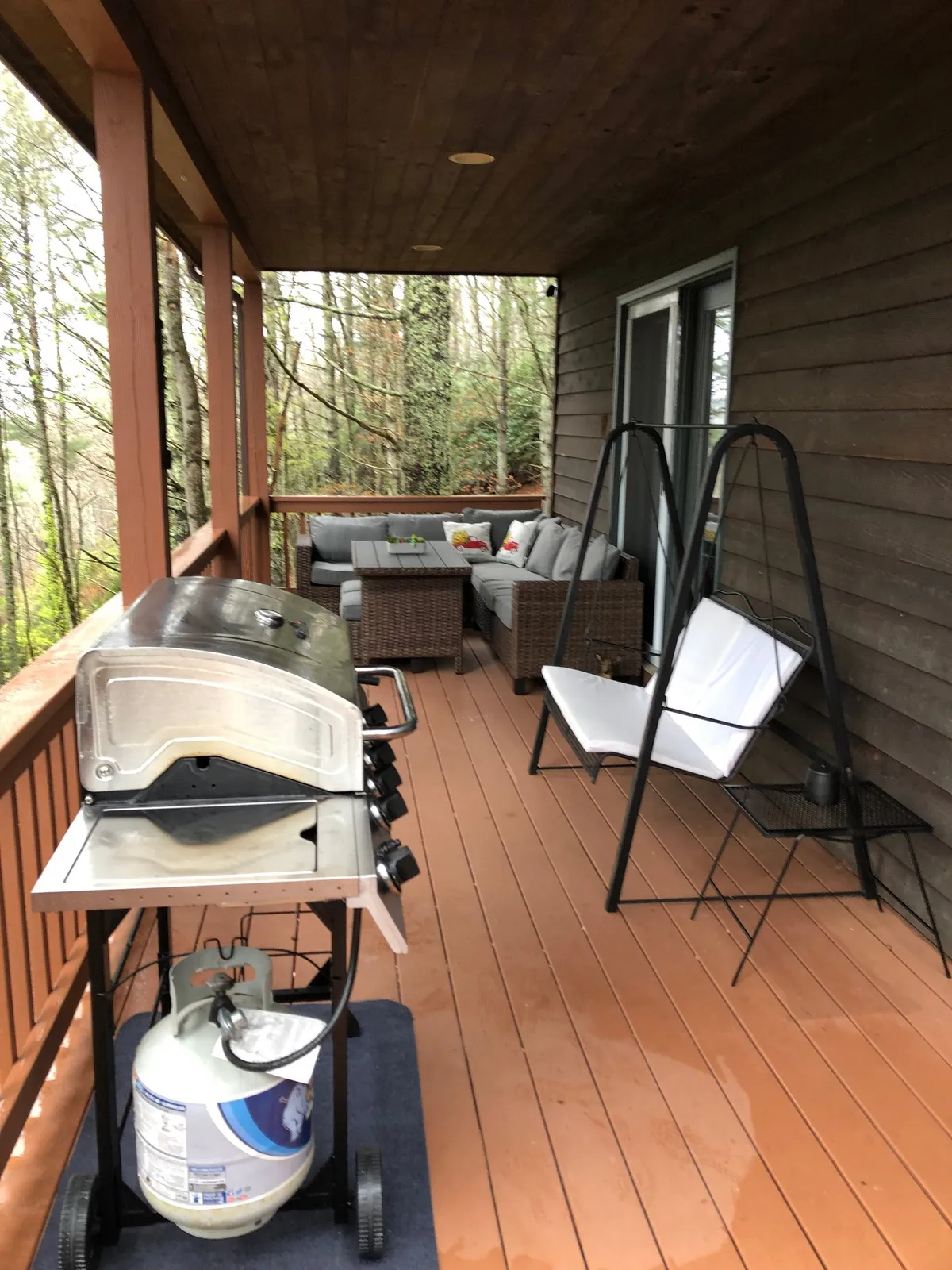 This exterior image showcases a welcoming outdoor seating area featuring a grill, table and chairs, and a swing chair, all set against a lush natural backdrop. The space is ideal for group gatherings, outdoor meals, or simply relaxing together while enjoying the scenery.